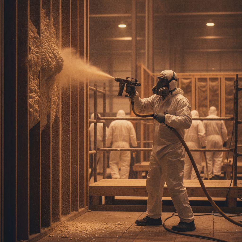 A technician spray-applying foam insulation at a professional job site