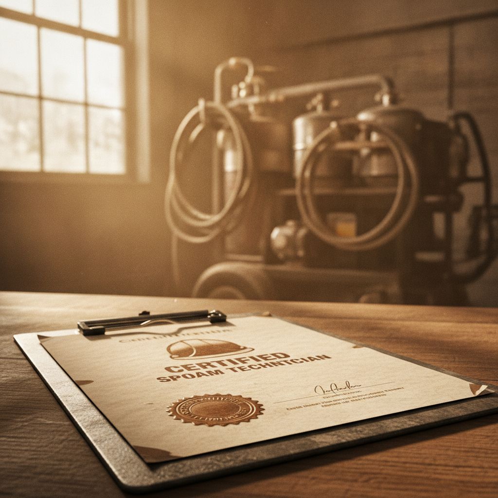 A certification document alongside spray foam work